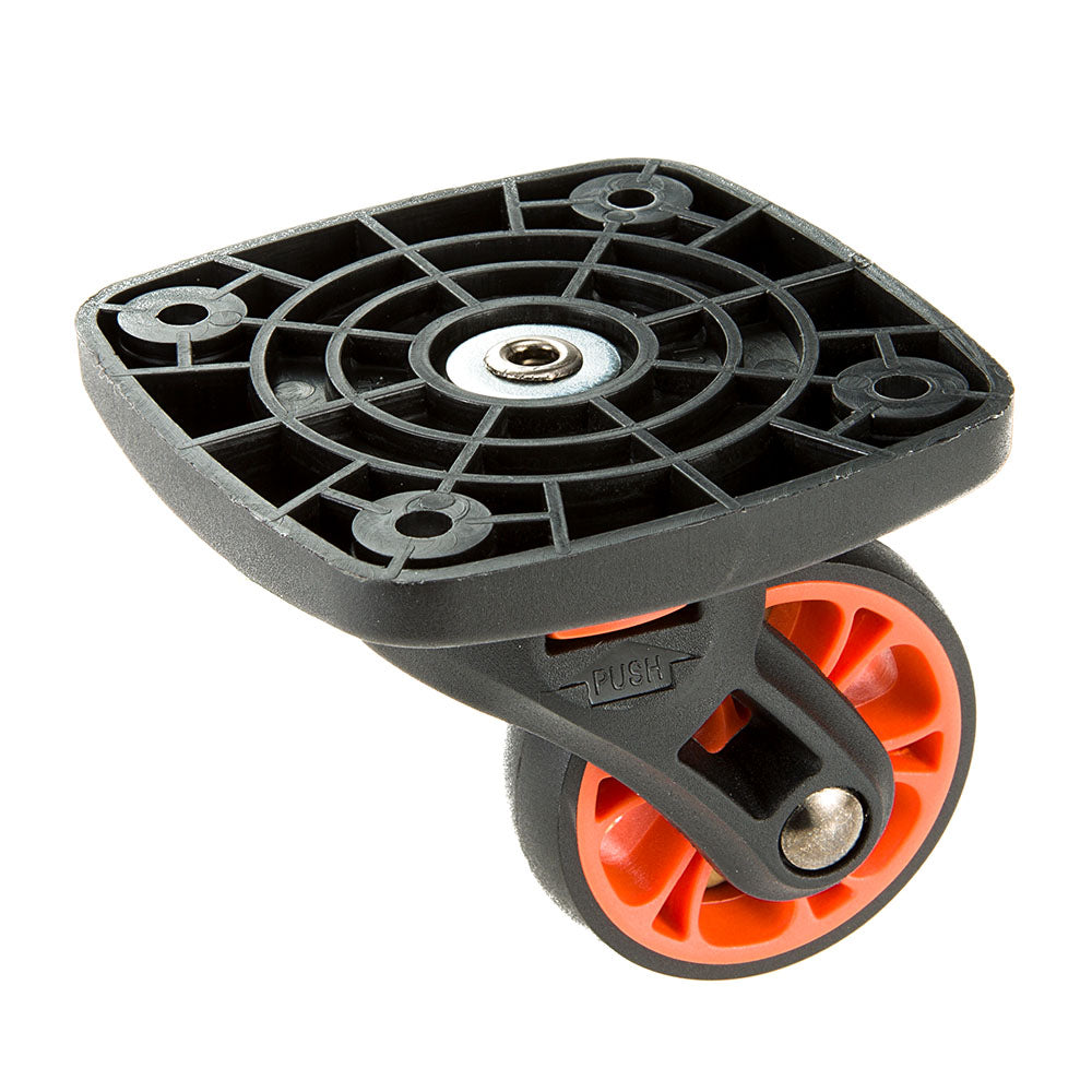 Heavy-duty swivel caster wheel with black mounting plate and red wheel, ideal for industrial carts and furniture. Durable, smooth-rolling design.