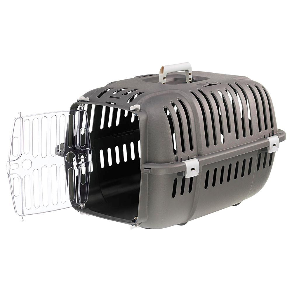 Gray plastic pet carrier with metal door, ventilation slits, and a sturdy handle, ideal for safe and comfortable pet travel.