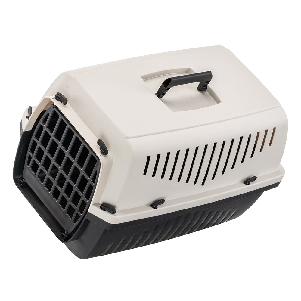 Pet carrier with black plastic door and handle, beige top, and black base. Ideal for small pets, travel, and transport. Durable and ventilated design.