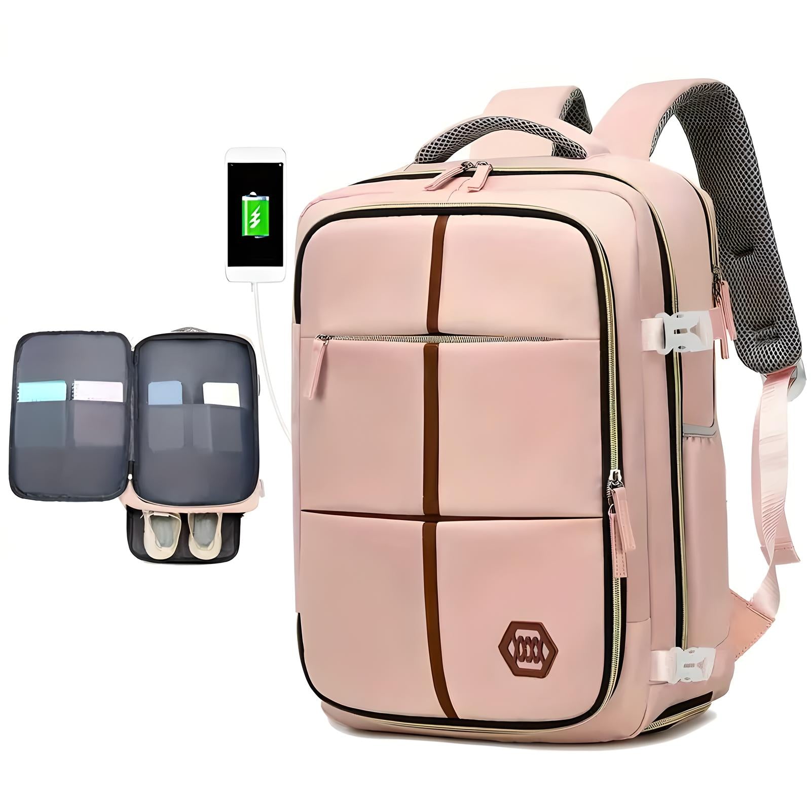 Stylish pink backpack with USB charging port, multiple compartments, and ergonomic straps. Ideal for travel, school, or work. Durable and spacious design.