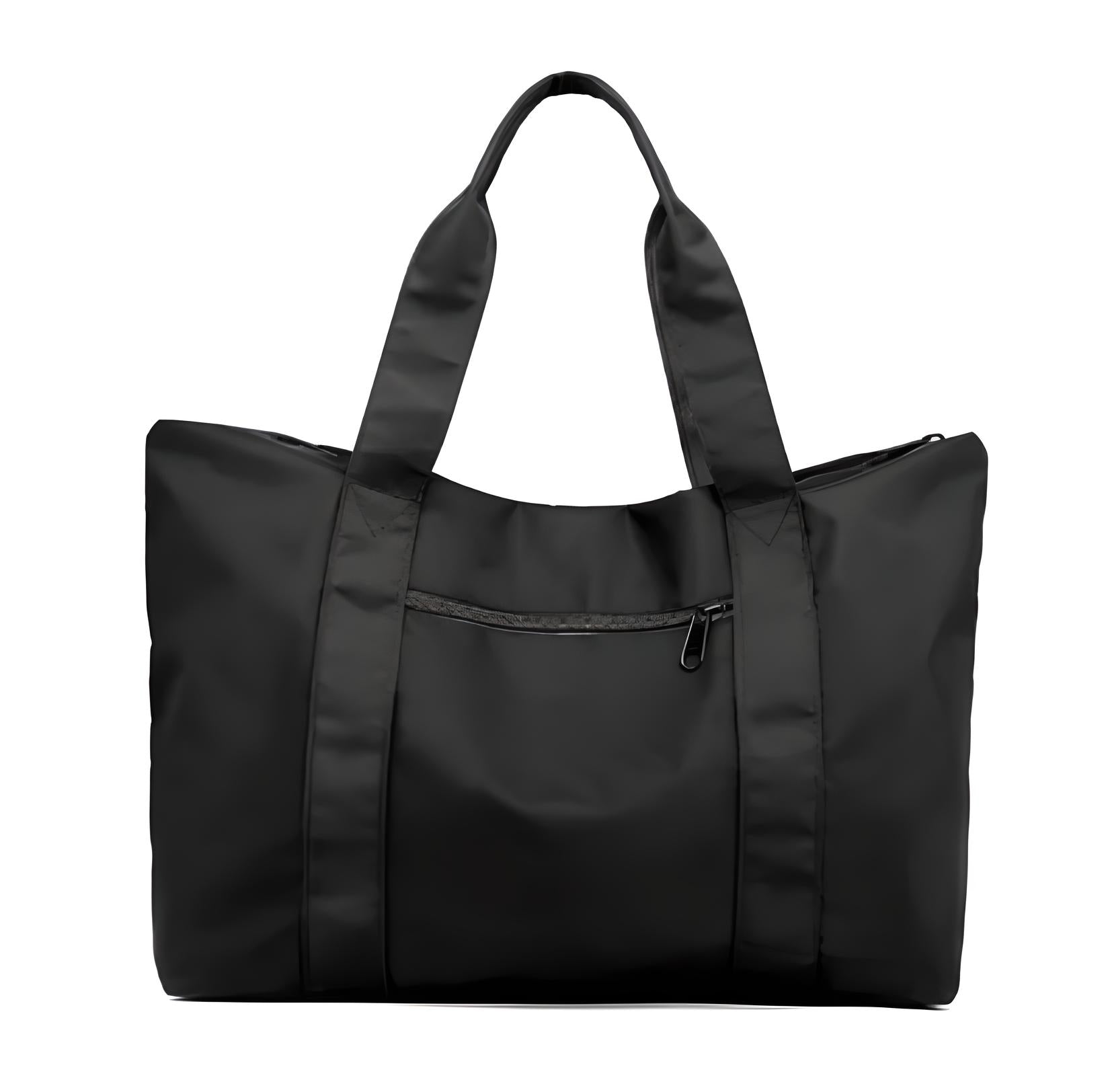 Sleek black tote bag with front zipper pocket, durable handles, and minimalist design. Perfect for travel, work, or gym. Stylish and functional accessory.