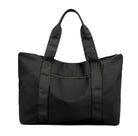 Sleek black tote bag with front zipper pocket, durable handles, and minimalist design. Perfect for travel, work, or everyday use.