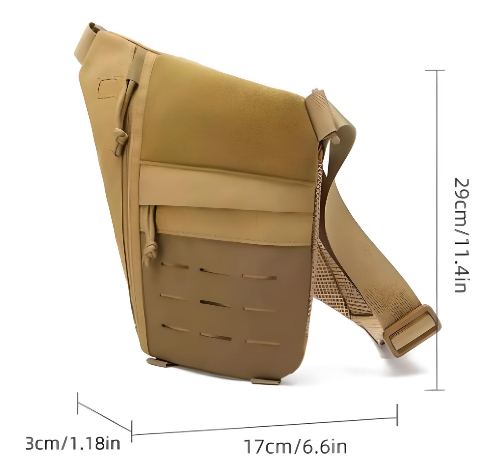 Tan crossbody sling bag with adjustable strap, featuring a sleek design and multiple compartments. Ideal for travel and daily use. Dimensions: 29x17x3 cm.