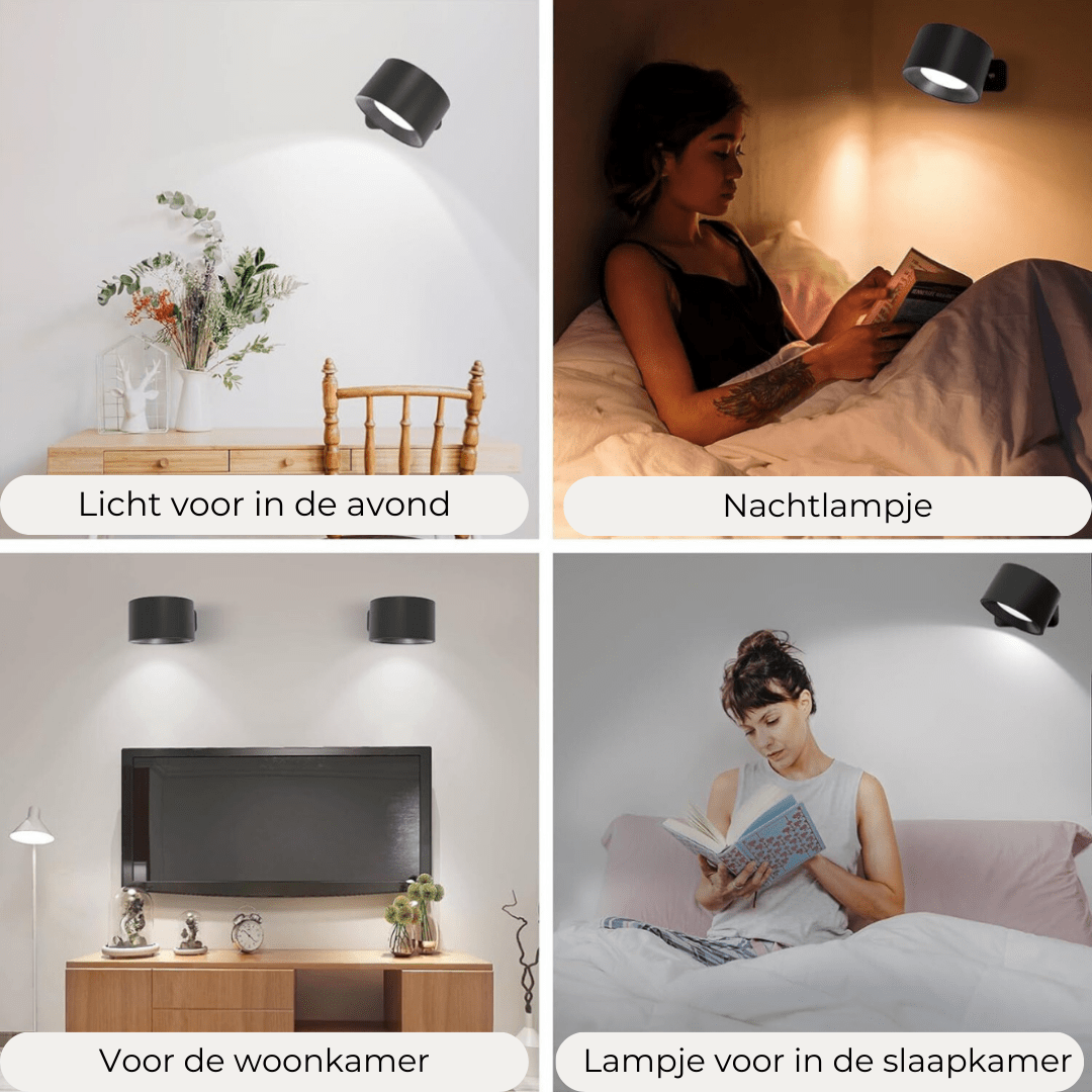 Modern black wall lamp illuminating bedroom and living room spaces, ideal for evening reading and ambient lighting. Stylish home decor lighting solution.