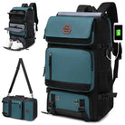 Versatile teal and black travel backpack with USB charging port, shoe compartment, and detachable shoulder strap. Ideal for tech-savvy travelers.