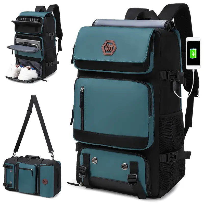 Versatile teal and black travel backpack with USB charging port, shoe compartment, and detachable shoulder strap. Ideal for tech-savvy travelers.