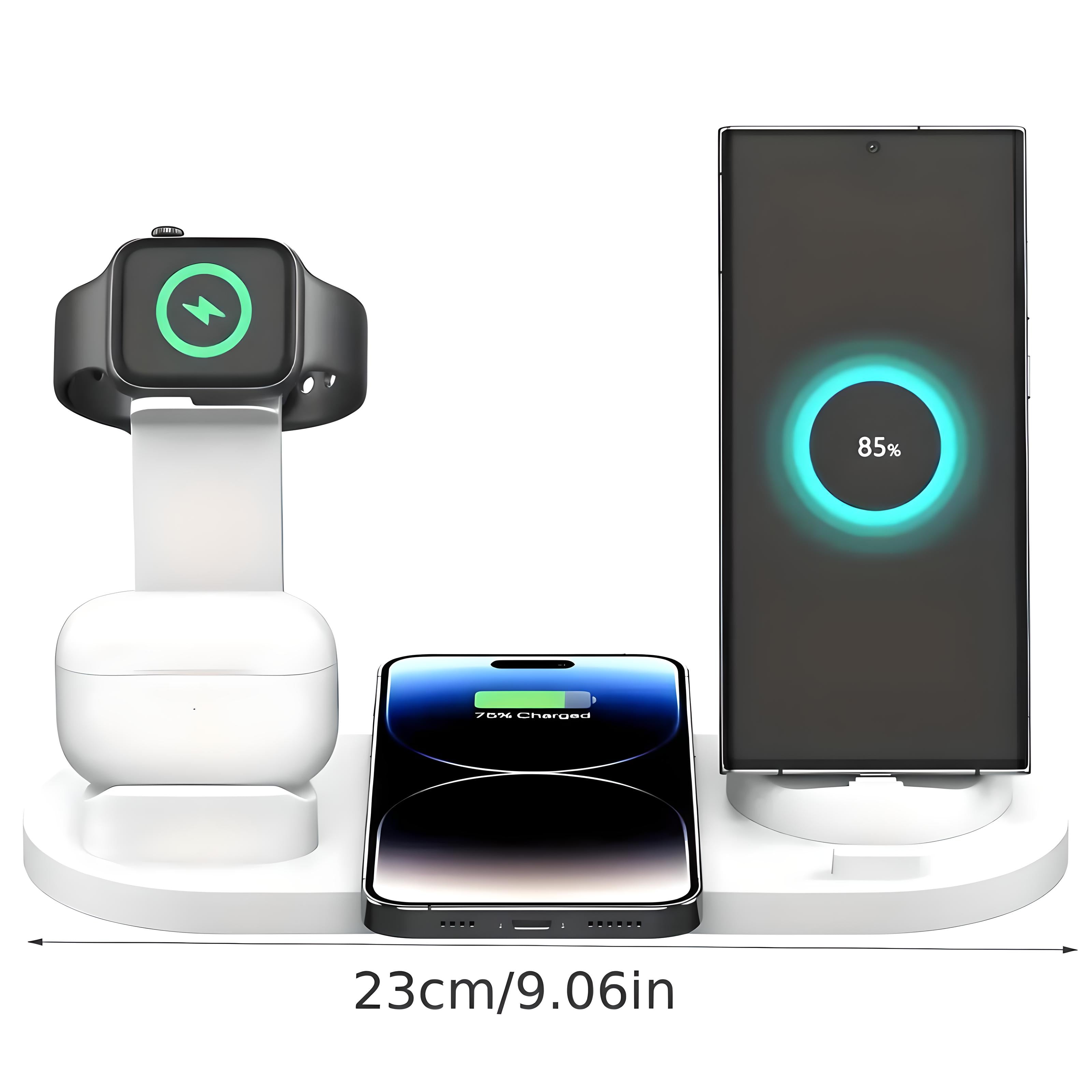 4-in-1 wireless charging station for iPhone, Apple Watch, AirPods, and Samsung phone, 23cm wide, efficient multi-device charging solution.