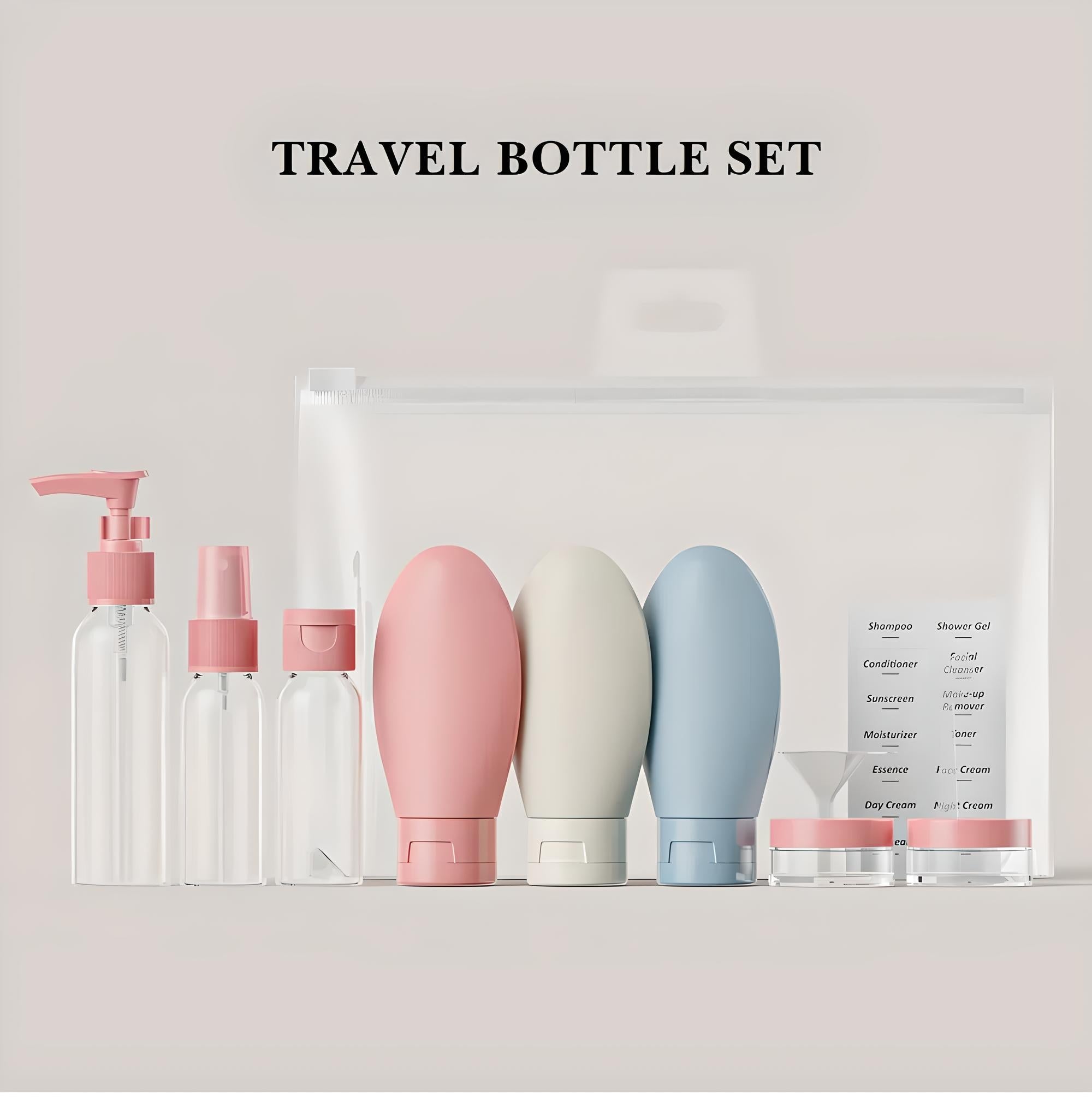 Travel bottle set with clear containers, colorful silicone tubes, and labeled jars in a transparent pouch. Ideal for toiletries and cosmetics.