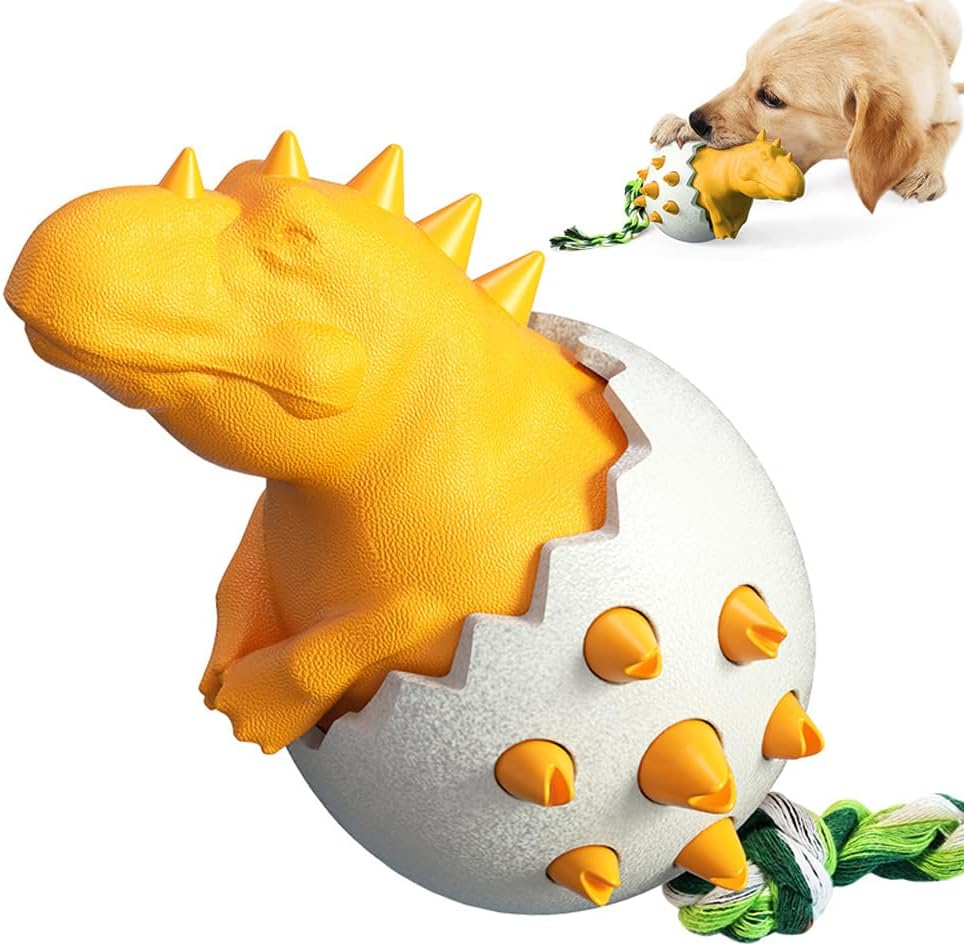 Dinosaur dog toy with orange spikes emerging from cracked egg, featuring a durable rope for interactive play. Perfect for pet chewing and tugging.