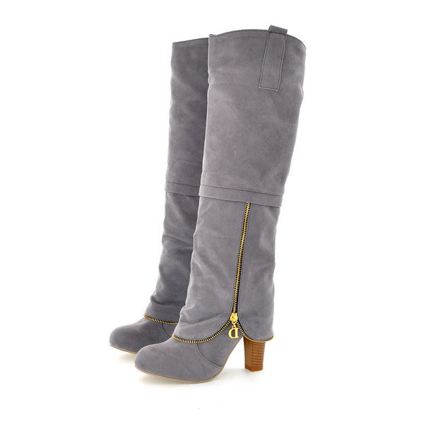 Gray knee-high suede boots with side zippers and block heels, stylish women's footwear, perfect for fall fashion and casual wear.