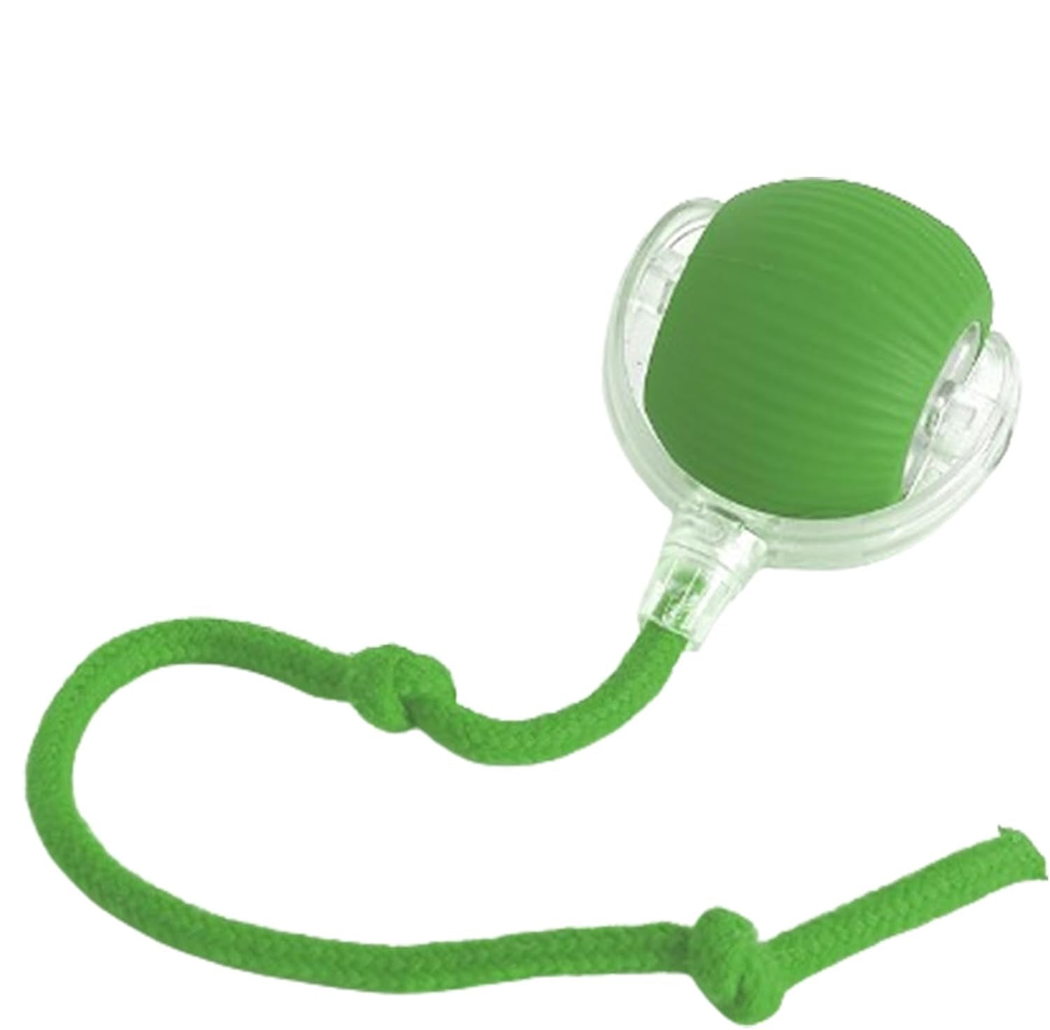 Green silicone dog chew toy with rope, durable and interactive pet accessory for dental health, featuring a textured ball and sturdy handle.