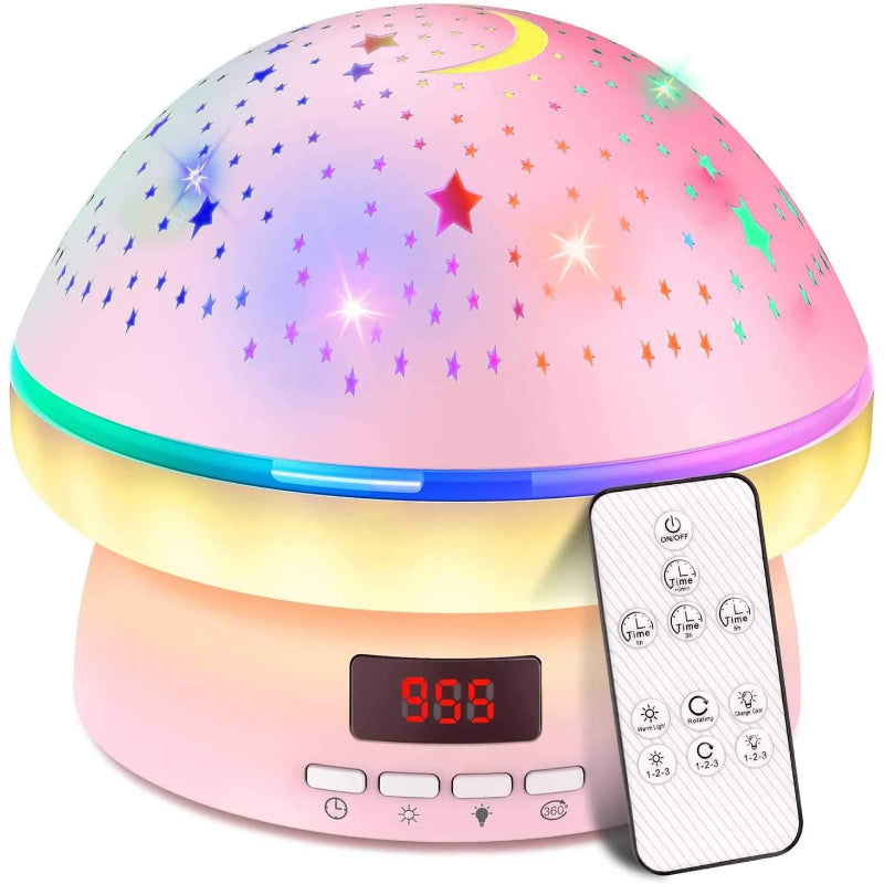 Star projector night light with remote control, featuring colorful LED galaxy patterns and timer settings. Ideal for kids' bedrooms and relaxation.