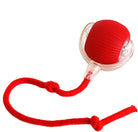 Red rubber dog ball with durable rope, interactive pet toy for fetch and tug-of-war, chew-resistant design, perfect for active play and training.