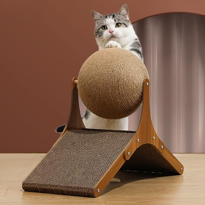 Cat playing with a wooden and sisal scratching post featuring a ball design, perfect for indoor cats. Durable cat scratcher for claw maintenance.