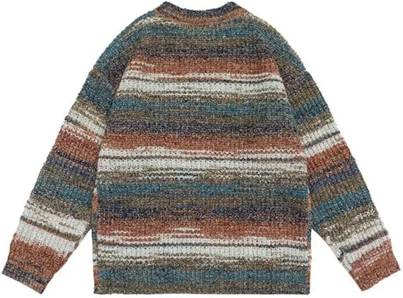 Striped multicolor knit sweater, featuring earthy tones and long sleeves, perfect for cozy fall and winter fashion. Warm, stylish, and versatile.