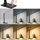 LED desk lamp with touch control, adjustable brightness, and wireless charging pad. Modern design, energy-efficient lighting for home or office.