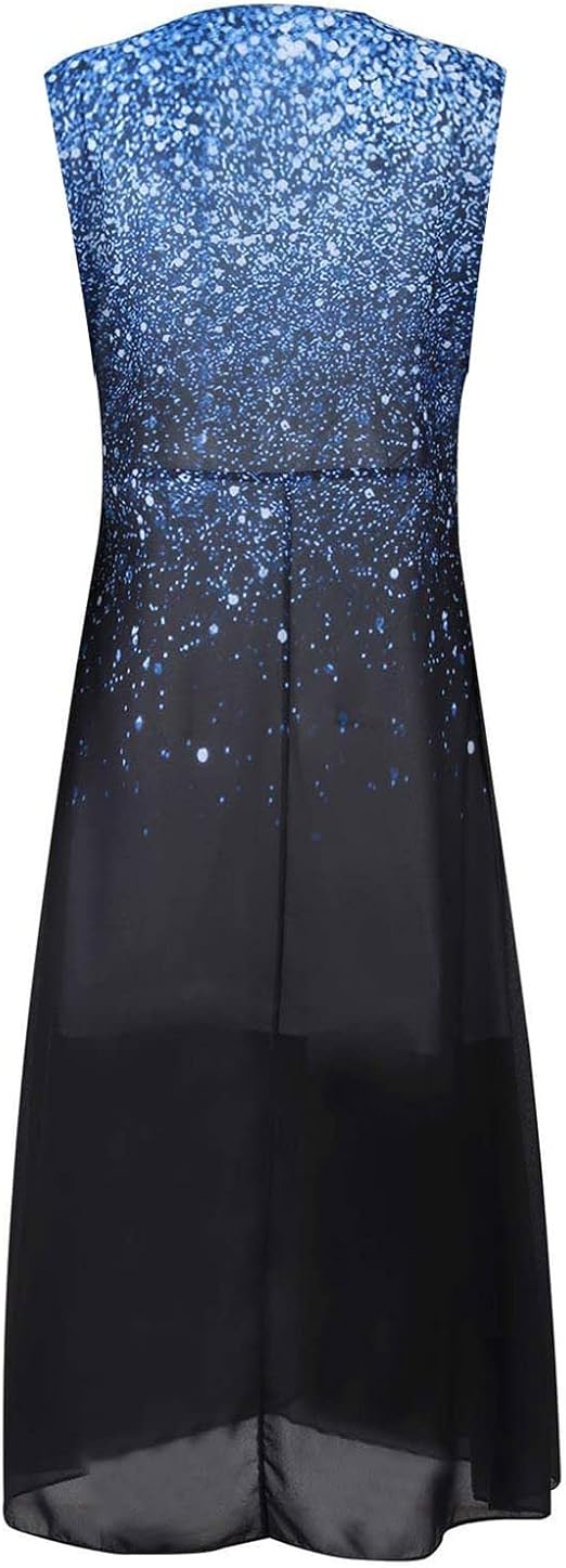 Sleeveless blue and black gradient dress with sparkling sequin pattern, elegant evening wear, women's fashion, knee-length, party dress.