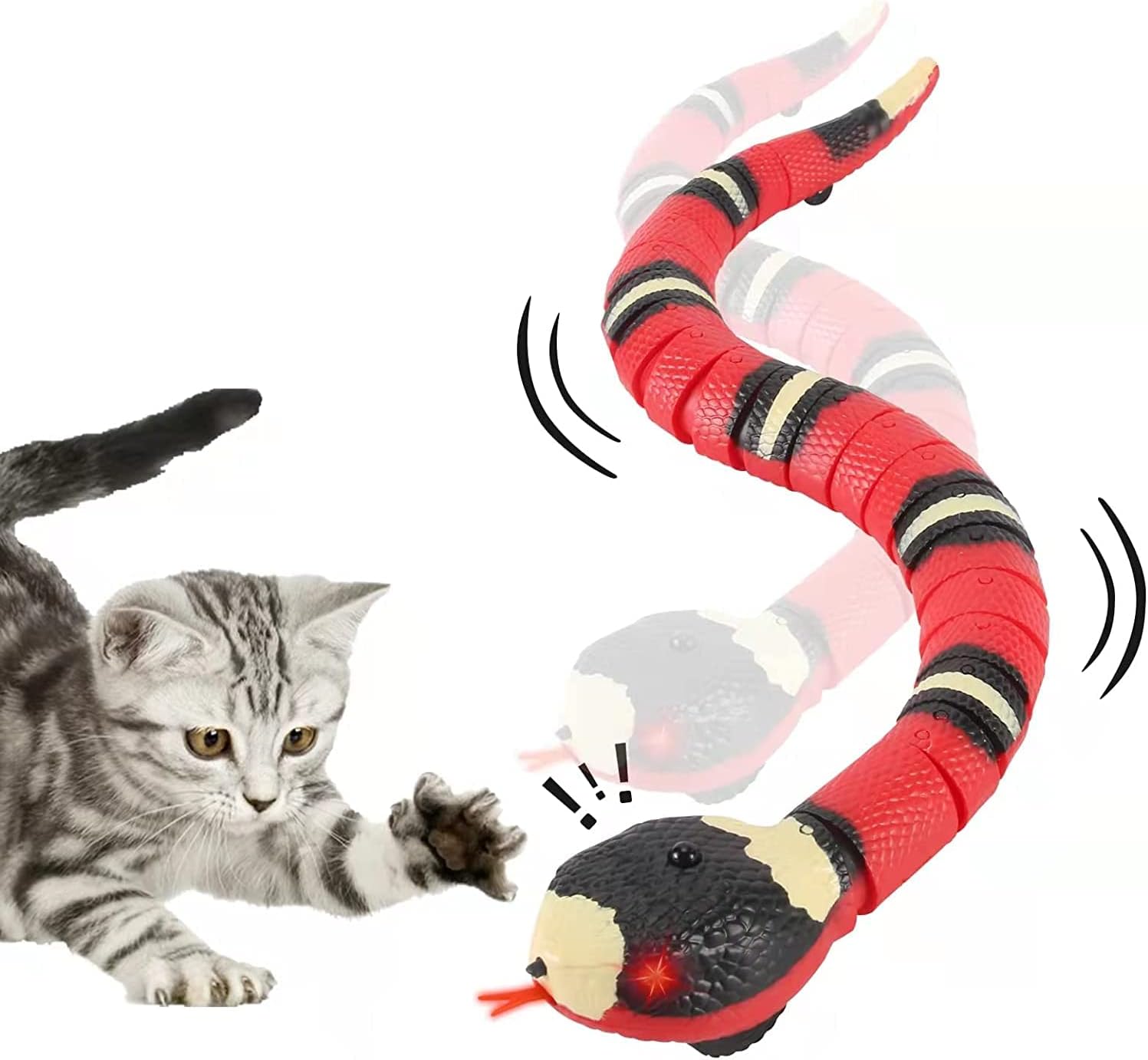 Toy snake with red, black, and yellow stripes, featuring LED eyes and a moving tongue, being approached by a curious gray tabby kitten.