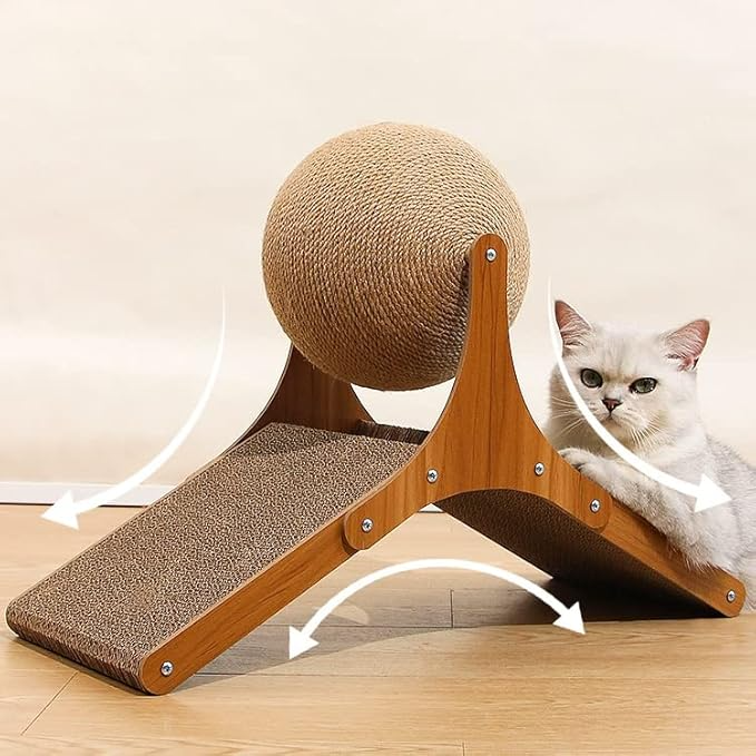 Cat scratching post with sisal ball and wooden base, featuring a ramp design. Ideal for cat exercise, play, and claw maintenance. Perfect pet accessory.