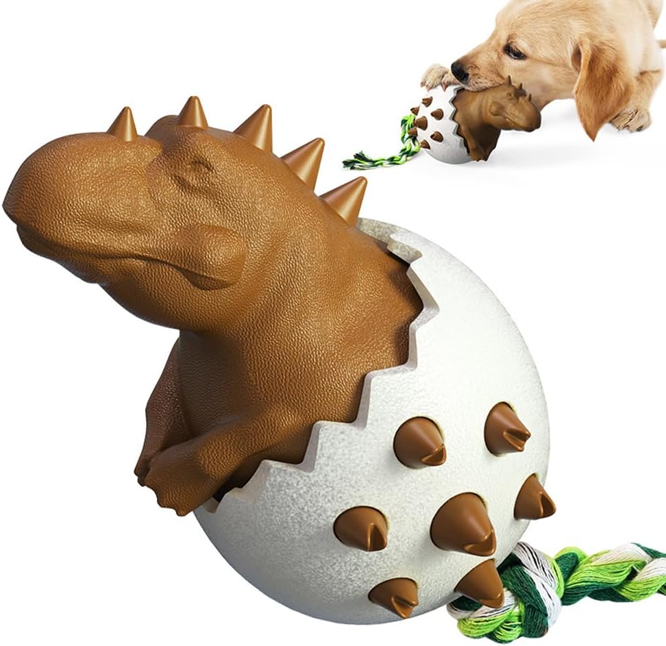 Dinosaur dog chew toy with rope, durable spiked design, interactive pet play, puppy teething aid, brown and white, ideal for small to medium dogs.