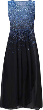 Sleeveless blue and black gradient dress with a starry night pattern, featuring a flowing A-line silhouette. Perfect for evening wear and formal events.
