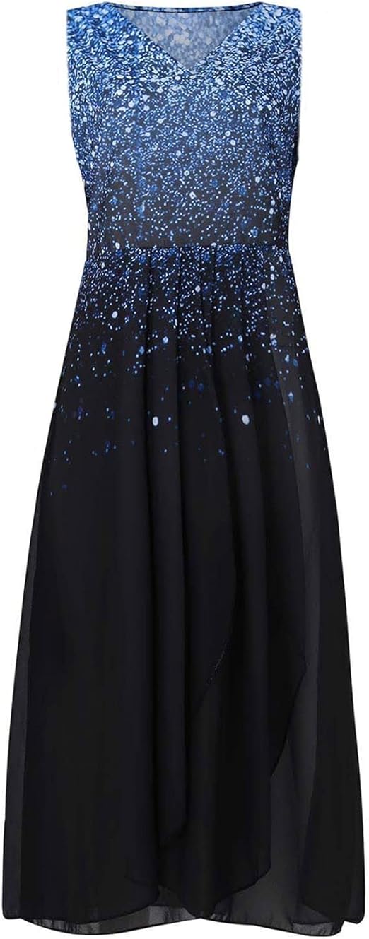 Sleeveless blue and black gradient dress with a starry night pattern, featuring a flowing A-line silhouette. Perfect for evening wear and formal events.