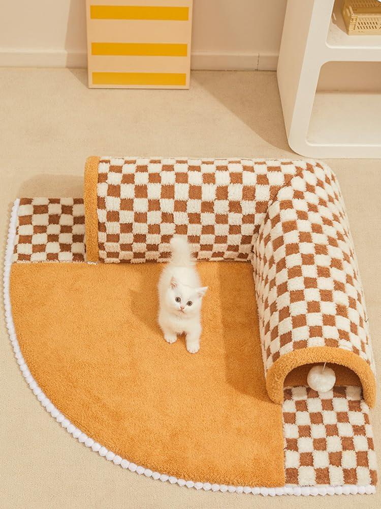 Cute white kitten on a checkered cat play mat with tunnel, featuring a cozy design for pet entertainment and comfort. Perfect for playful cats.