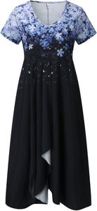 Floral gradient dress with short sleeves, featuring a blue and black color scheme, V-neckline, and asymmetrical hem. Perfect for casual or evening wear.