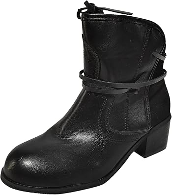 Black leather ankle boot with block heel and wraparound strap, perfect for stylish women's footwear. Ideal for fashion-forward, comfortable wear.