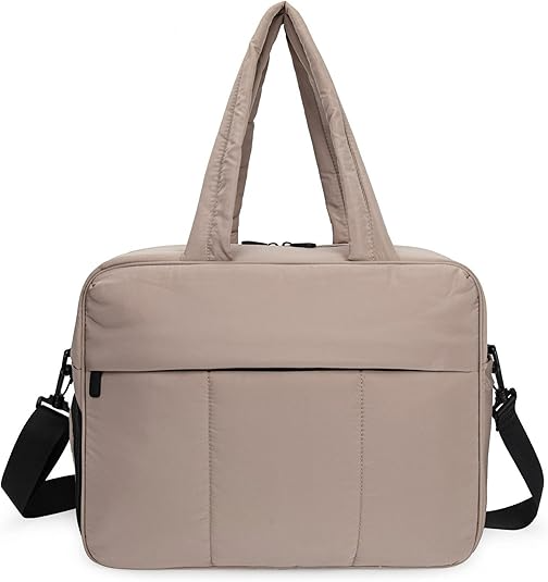 Beige laptop tote bag with padded handles and adjustable shoulder strap, featuring front pocket. Ideal for work, travel, and daily use.