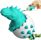 Dinosaur dog toy with rope, teal and white, durable chew toy for puppies, interactive pet play, spiked design, ideal for small to medium dogs.