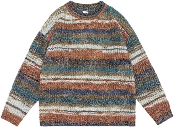 Multicolored striped knit sweater with earthy tones, featuring long sleeves and a crew neck. Cozy, casual fashion ideal for fall and winter wear.