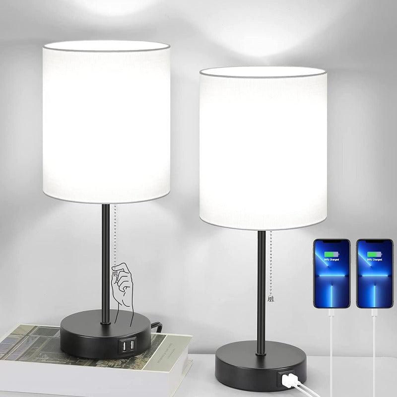 Modern table lamps with USB charging ports, touch control, and white fabric shades, ideal for bedroom or office lighting. Energy-efficient LED bulbs included.