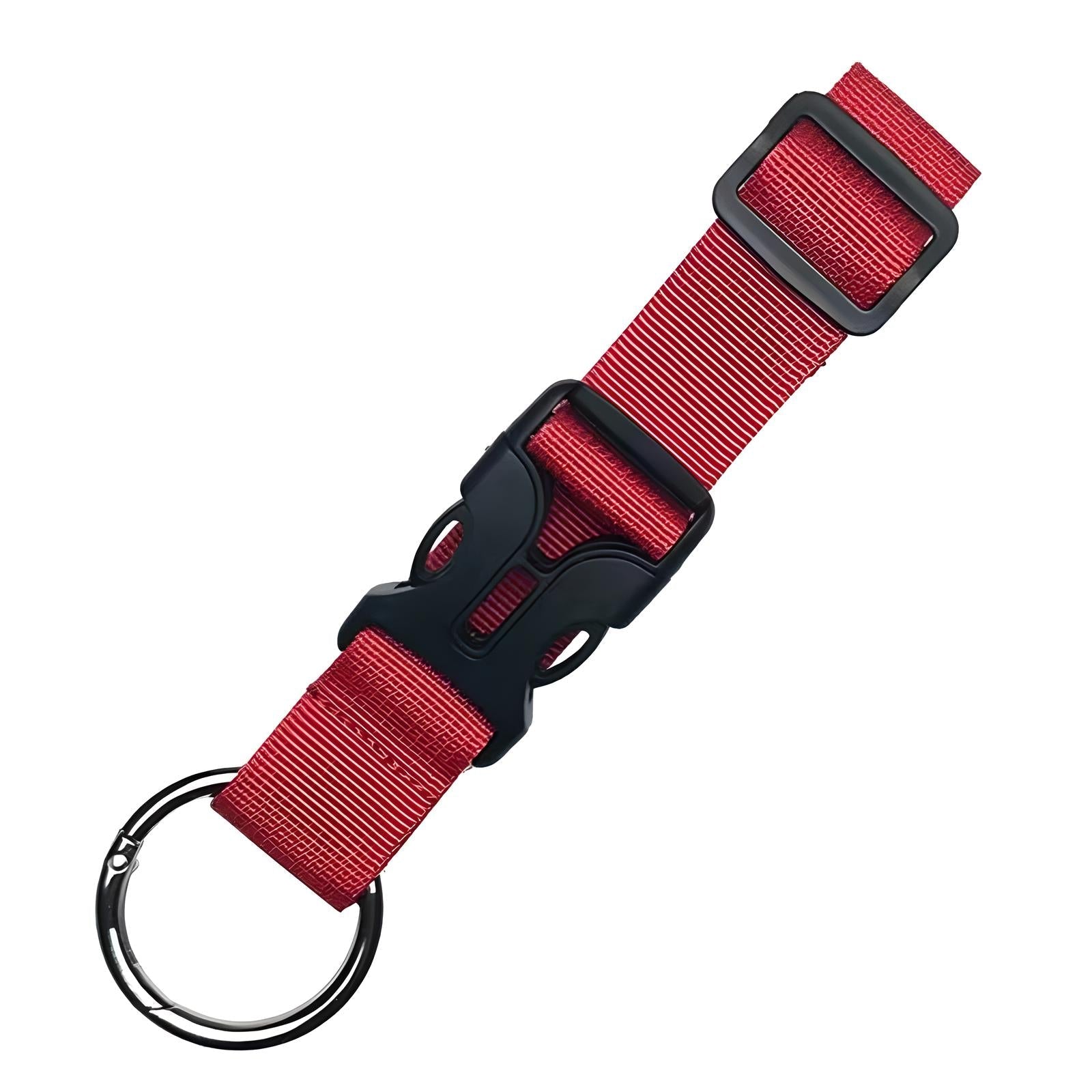 Red nylon keychain with black plastic buckle and adjustable strap, featuring a metal keyring. Durable and stylish accessory for keys or bags.