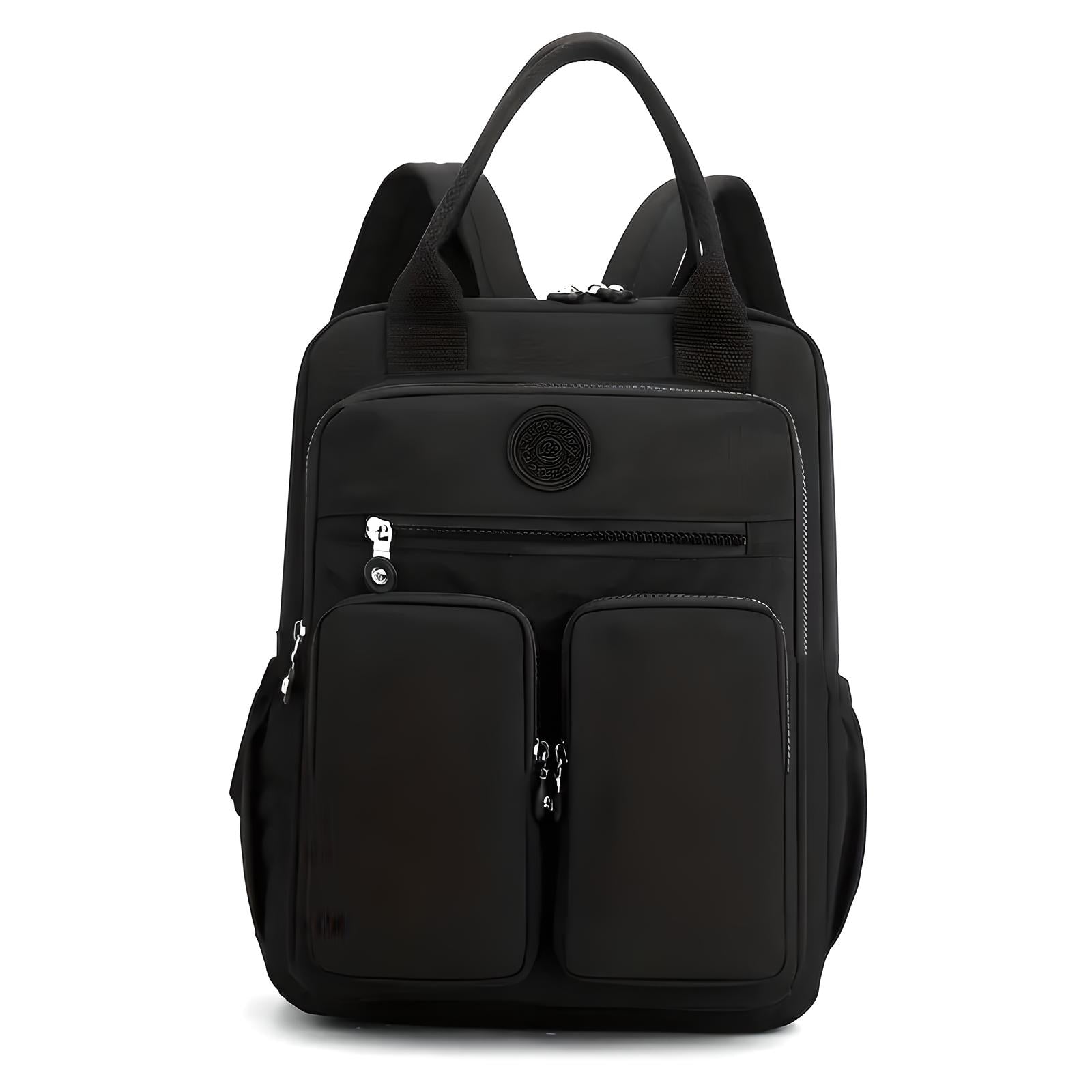 Sleek black backpack with multiple zippered compartments, ergonomic straps, and top handle. Ideal for travel, school, or work. Durable and stylish design.