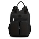 Sleek black backpack with multiple zippered compartments, ergonomic straps, and durable fabric. Ideal for travel, school, or work. Stylish and functional.