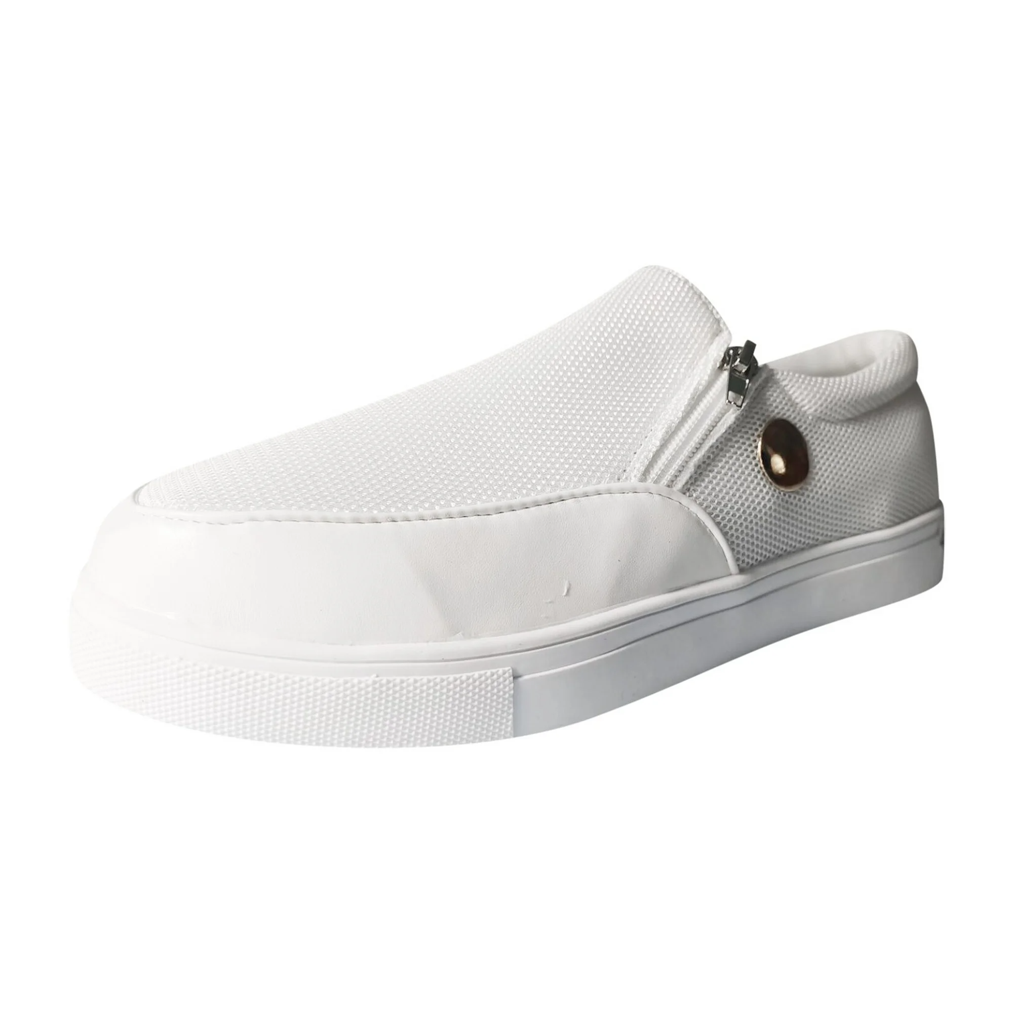 White slip-on sneaker with side zipper, mesh upper, and rubber sole. Casual footwear for men, lightweight and breathable design.