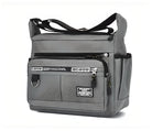 Gray professional messenger bag with multiple zippered compartments, adjustable shoulder strap, and durable material. Ideal for work or travel.