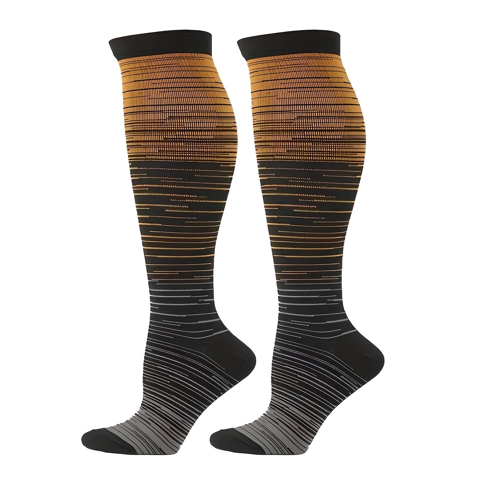 Knee-high compression socks with gradient orange to black stripes, designed for improved circulation and comfort. Ideal for travel and sports enthusiasts.