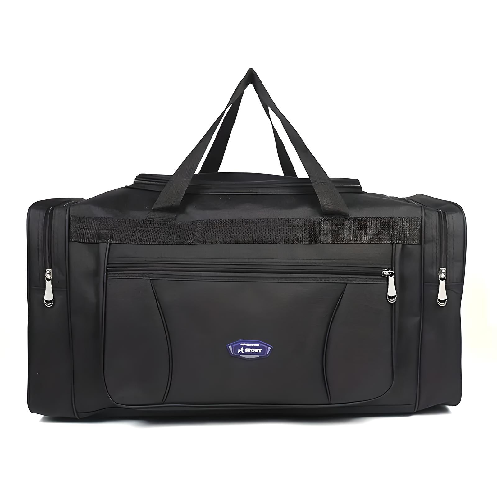 Black travel duffel bag with multiple zippered compartments, durable handles, and a sleek design. Ideal for gym, sports, and weekend trips.