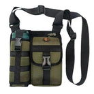 Tactical green shoulder bag with adjustable strap, water bottle holder, and secure buckle closure. Ideal for outdoor activities and hiking gear.