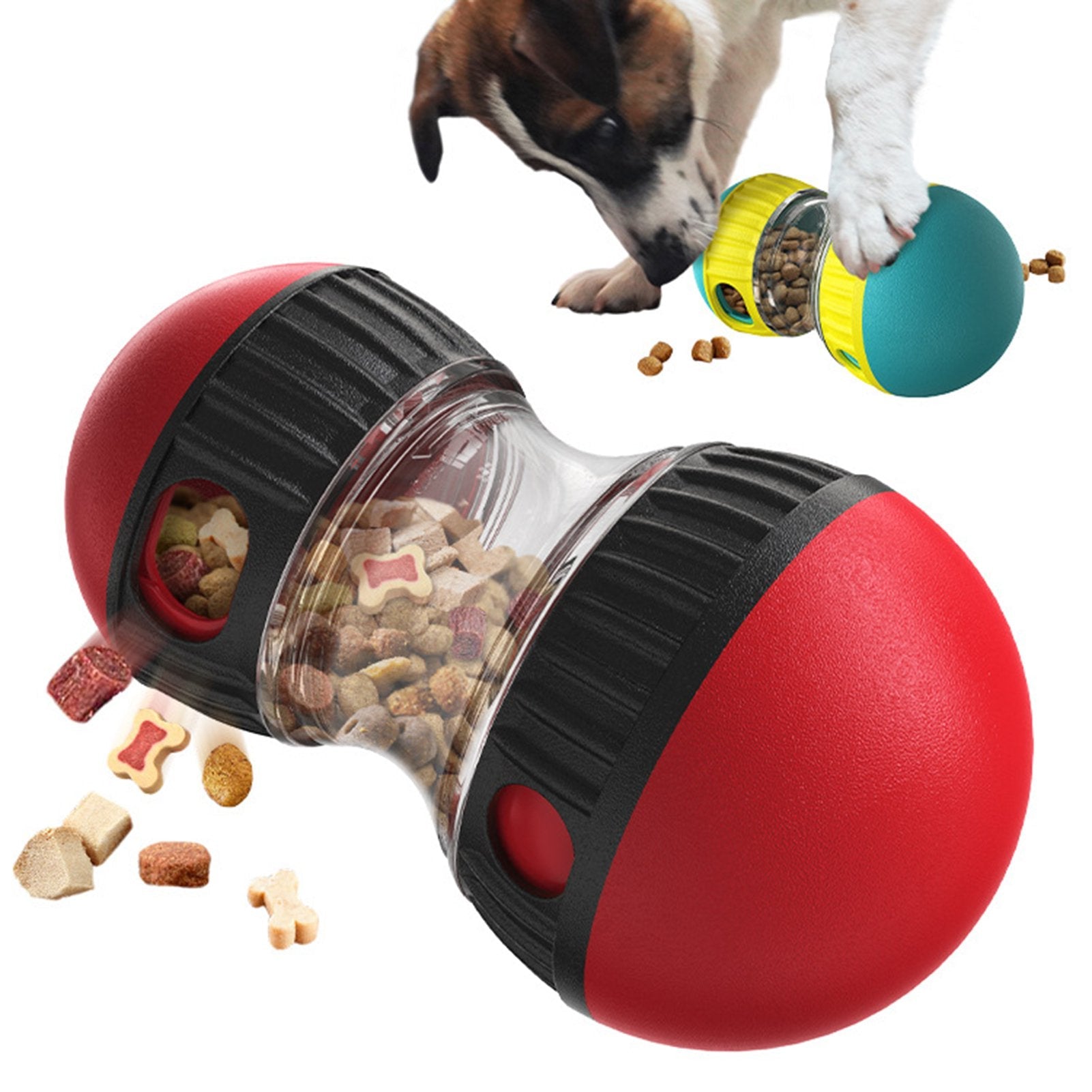 Dog treat dispenser toy with red and black design, filled with assorted treats. Interactive pet puzzle feeder for mental stimulation and slow feeding.