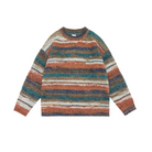 Striped multicolor knit sweater with long sleeves, featuring earthy tones of brown, blue, and green. Cozy, casual fashion for fall and winter.