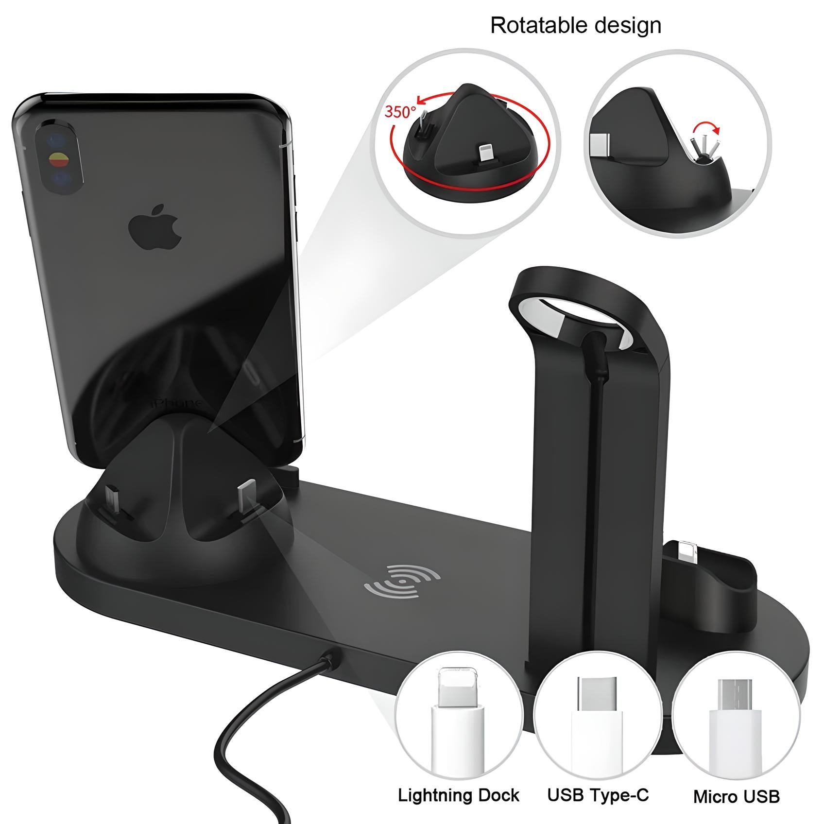 3-in-1 wireless charging station with rotatable design, compatible with iPhone, USB Type-C, and Micro USB devices. Ideal for efficient device charging.