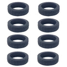 Eight black rubber tire bands with textured tread pattern, arranged in two vertical rows. Ideal for toy cars, model vehicles, or crafting projects.