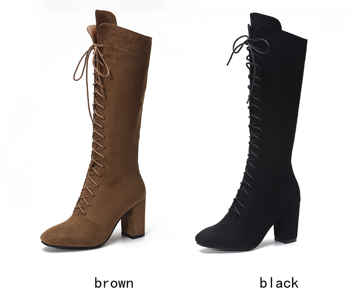 Brown and black knee-high lace-up suede boots with block heels, side by side. Fashionable women's footwear, perfect for fall and winter outfits.