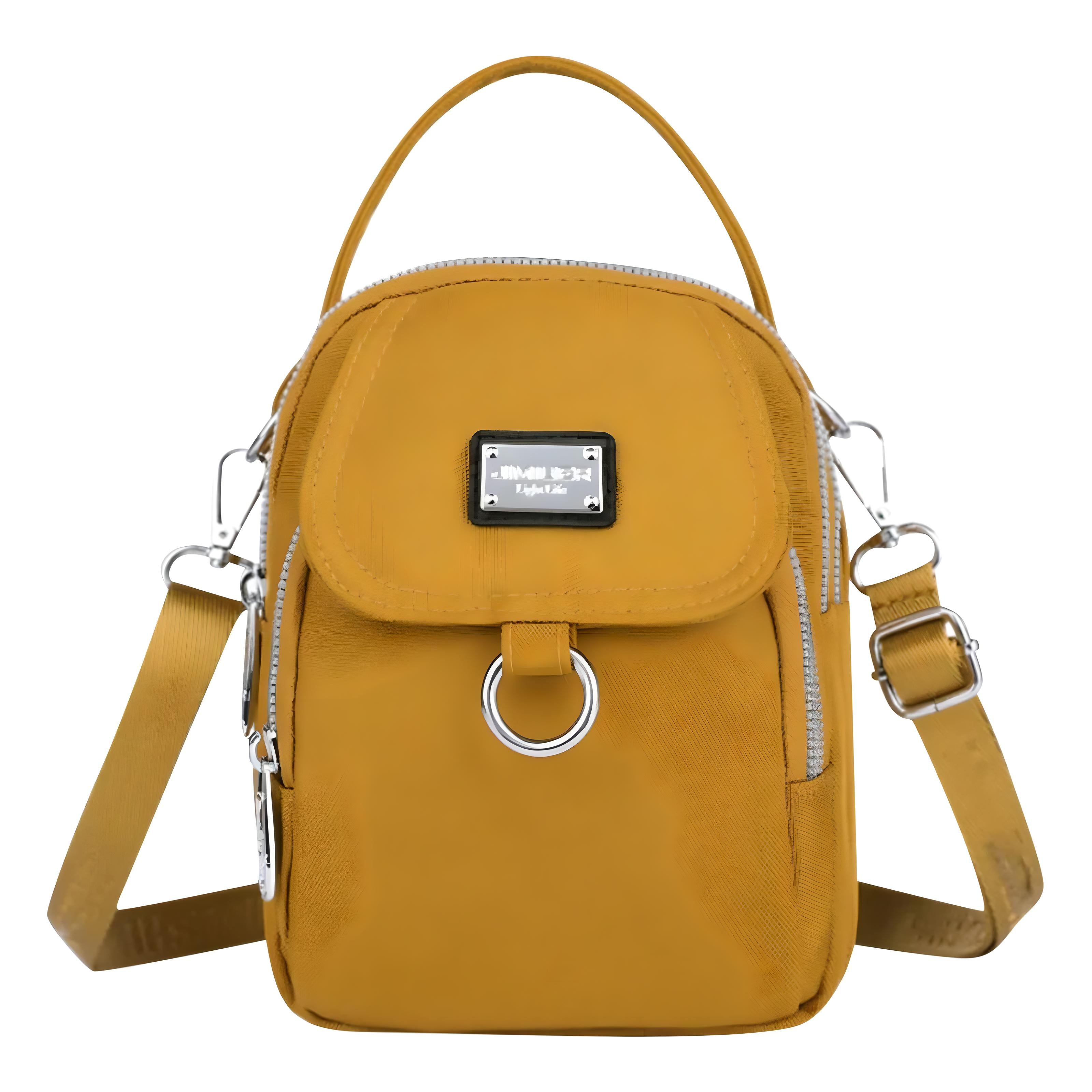 Yellow crossbody bag with adjustable strap, front pocket, and silver hardware. Stylish and functional accessory for women. Perfect for everyday use.