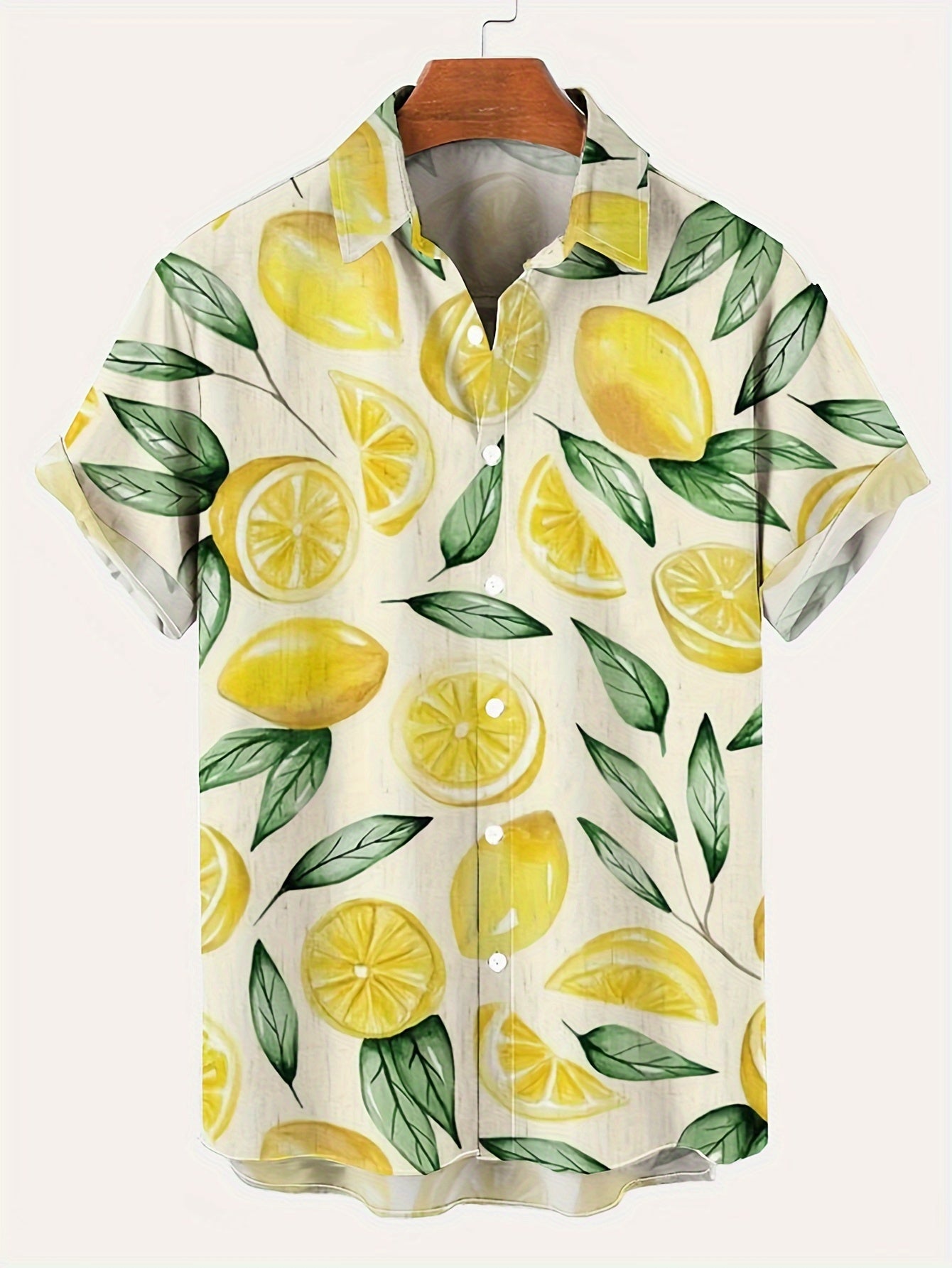 Men's short-sleeve button-up shirt with vibrant lemon and leaf print, perfect for summer fashion. Casual, tropical style, lightweight fabric.