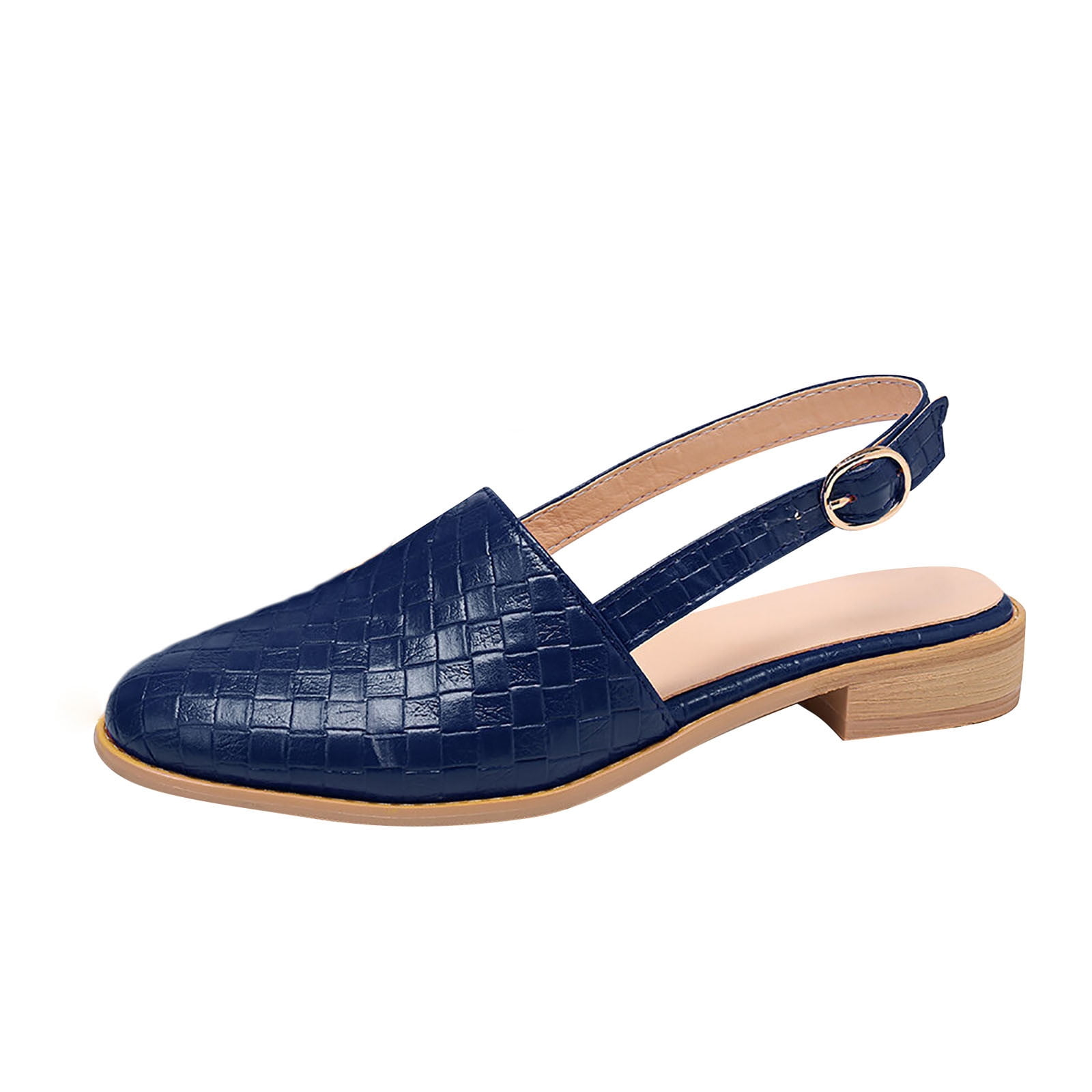 Women's blue woven leather slingback shoe with low wooden heel, adjustable strap, and closed toe. Stylish footwear for casual and formal occasions.