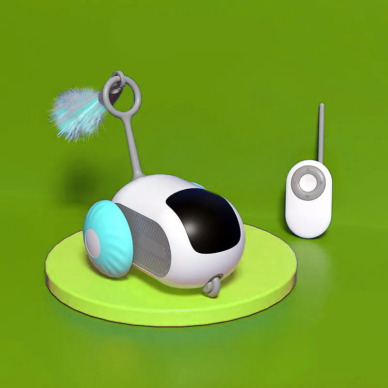 Interactive cat toy with remote control, featuring a white and blue design, feather tail, and wheels, on a green background. Perfect for pet play.